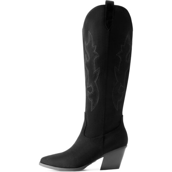 Women's Black Western Cowgirl Boots Knee High Pointed Toe Chunky Block Heel - Picture 4 of 8